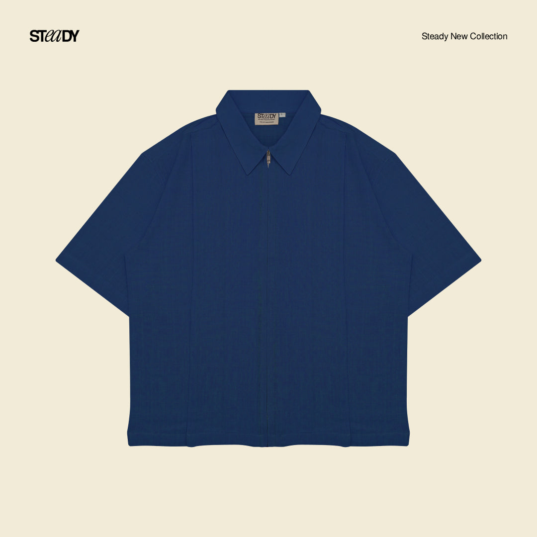 Mark Linen Pleated Boxy Shirt - Navy Blue