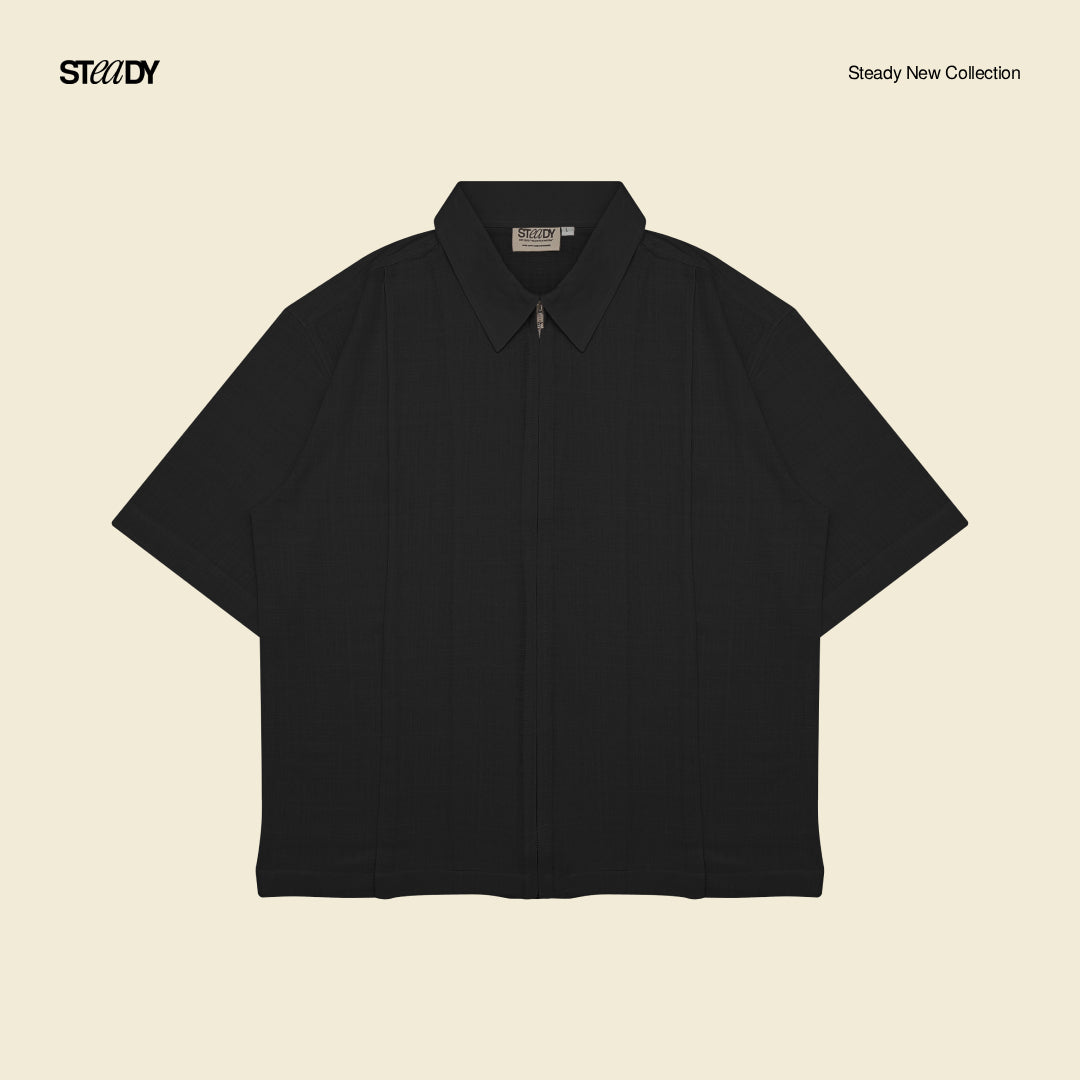 Mark Linen Pleated Boxy Shirt - Black