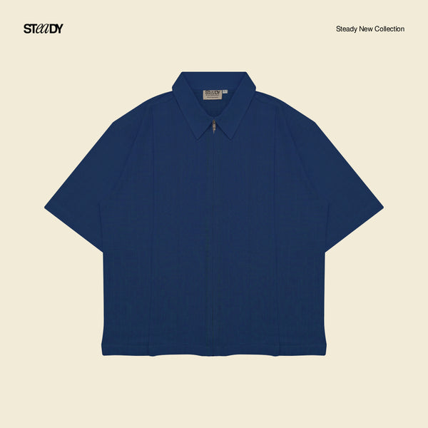 Mark Linen Pleated Boxy Shirt - Navy Blue