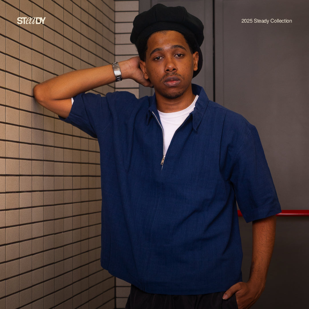 Mark Linen Pleated Boxy Shirt - Navy Blue