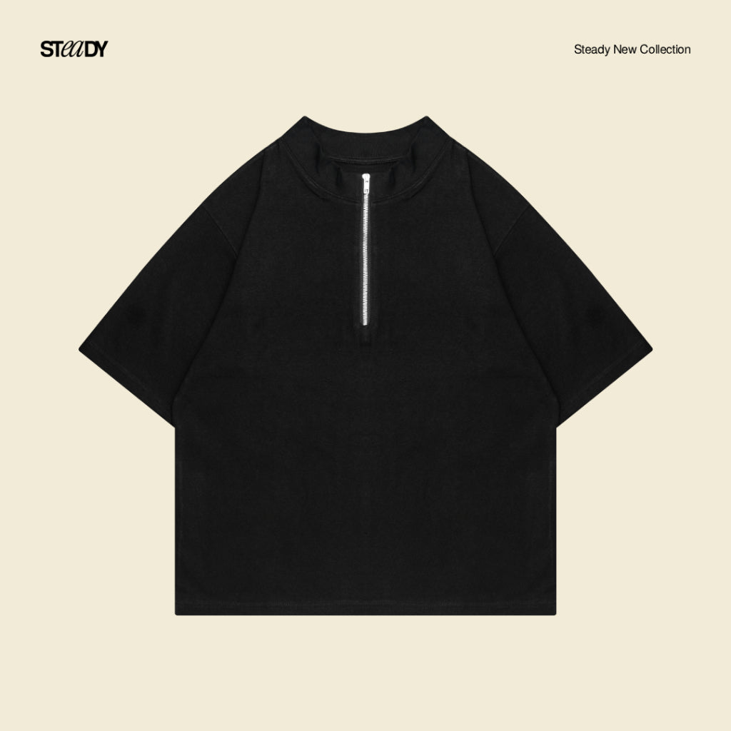 Half Zip Heavyweight 265GSM Oversized T-Shirt - Black